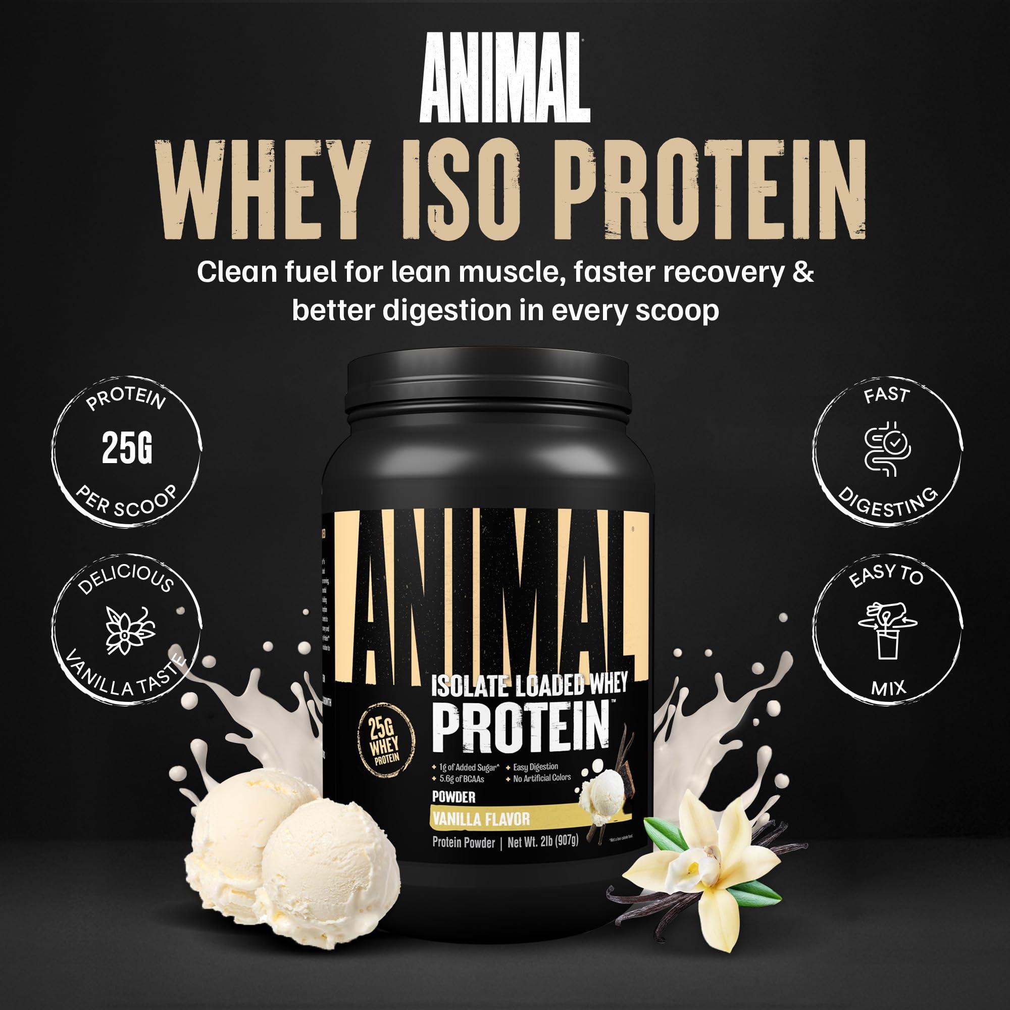 Animal Animal Whey Isolate Protein Powder - Loaded for Pre & Post Workout Muscle Builder and Recovery with Digestive Enzymes for Men & Women - 25g Protein, Great Taste, Low Sugar - Vanilla 2 lbs
