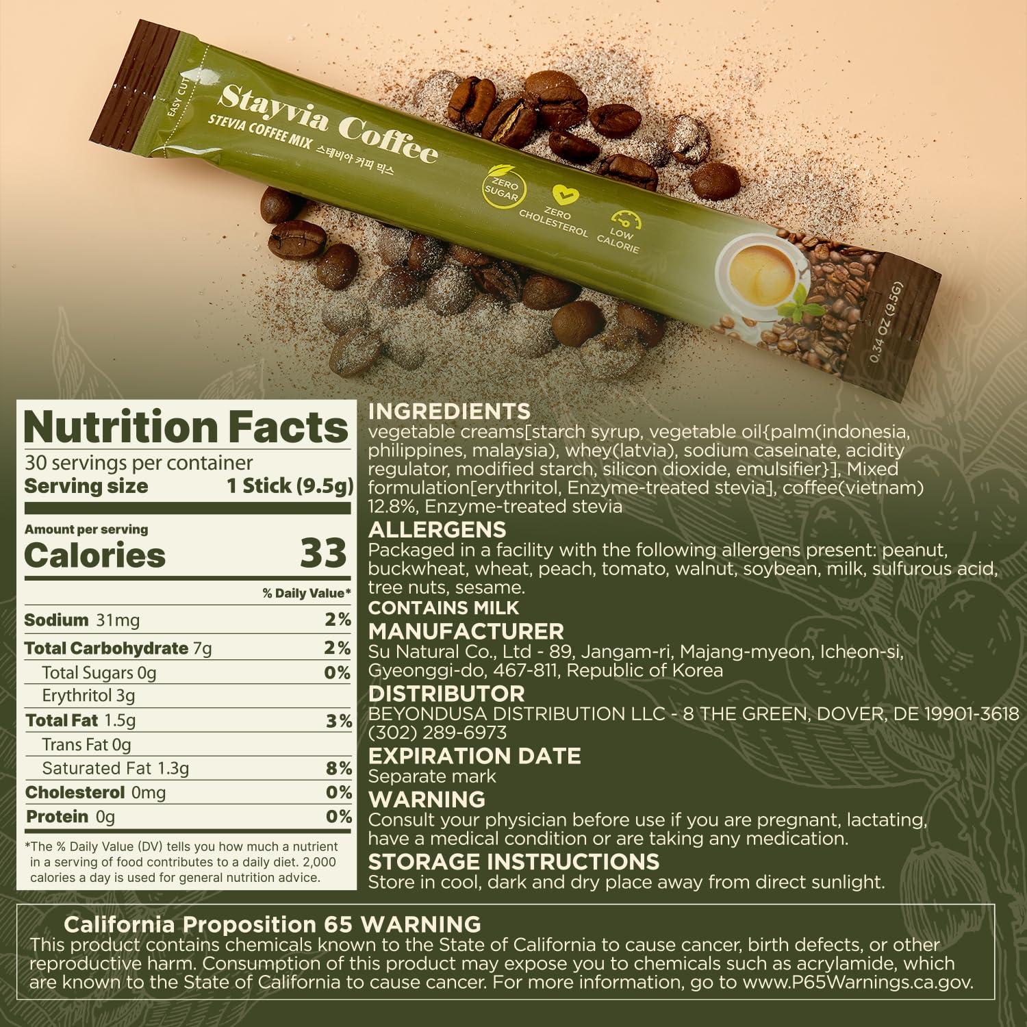 STAYVIA COFFEE STAYVIA COFFEE Stevia Instant Coffee Packets - Korean Instant Latte with Sugar-Free & Low Calories - 30 Sticks (0.33oz) - Plant-Based Sweetener - Enjoy Caffeine Hot & Cold at Office, Home & Travel