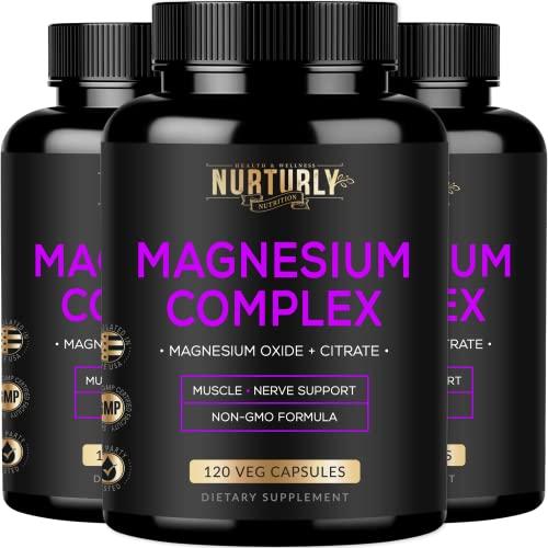 NURTURLY Magnesium Citrate & Oxide 500mg Complex Supplement - High Absorption Maximum Strength - Helps Support Bone Density and Strength, Muscles, Energy and Sleep - 360 Vegan Capsules