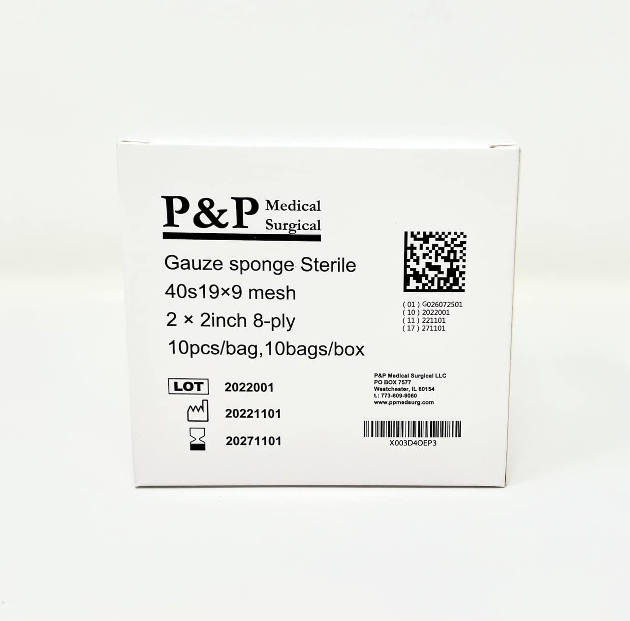 P&P Medical Surgical Gauze Surgical Sponges Cotton STERILE Woven 8-ply High Grade Quality 2\"x2\" Class I(a) All Purpose Pads Box of 100