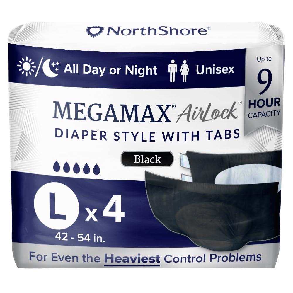 NorthShore NorthShore MegaMax AirLock Breathable 9-Hour Heavy-Duty Tab-Style Adult Diapers, Large, Trial Pack of 4, Black, 42-54 inches, Unisex Incontinence Underwear