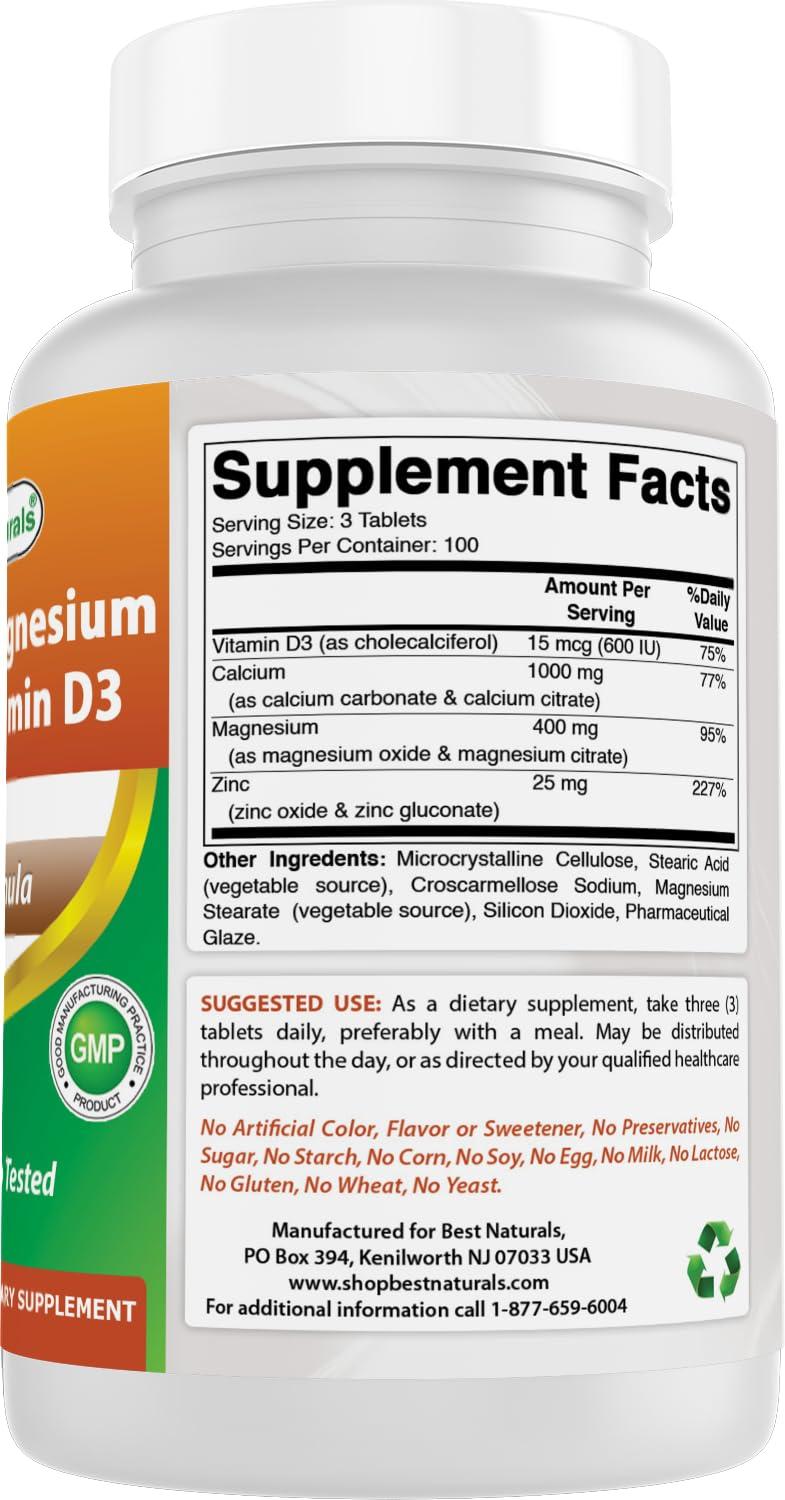 Best Naturals Best Naturals Calcium Magnesium Zinc with Vitamin D3, 300 Tablets - Calcium 1000 mg, Magnesium 400 mg, Zinc 25 mg & D3 600 IU per Serving (3 Tablets)