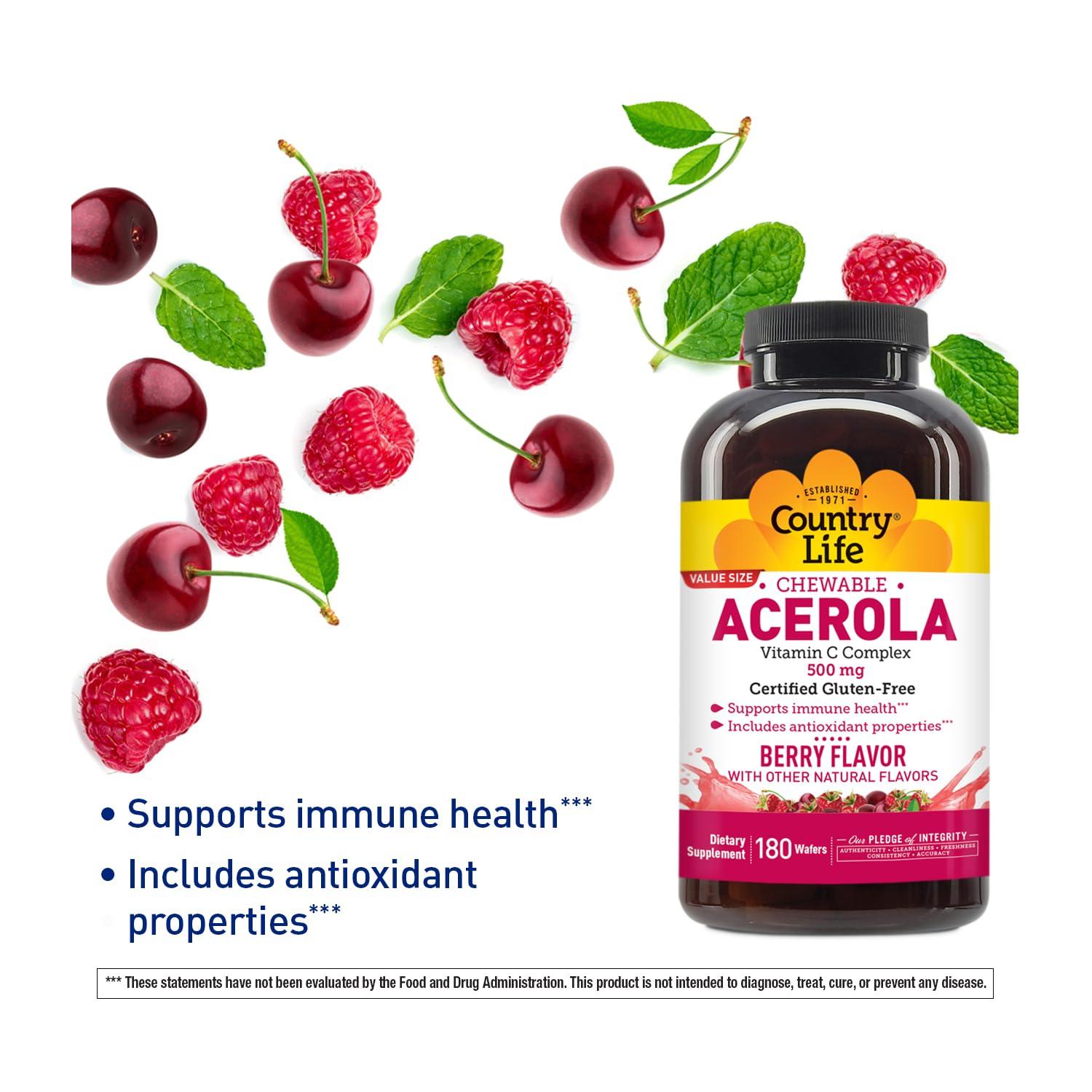 Country Life Country Life Acerola Vitamin C Complex, 500mg, Chewable Berry Flavored Wafers, Supports Immune Health, 180 Wafers, Certified Gluten Free by GFCO, Certified Vegan by AVA