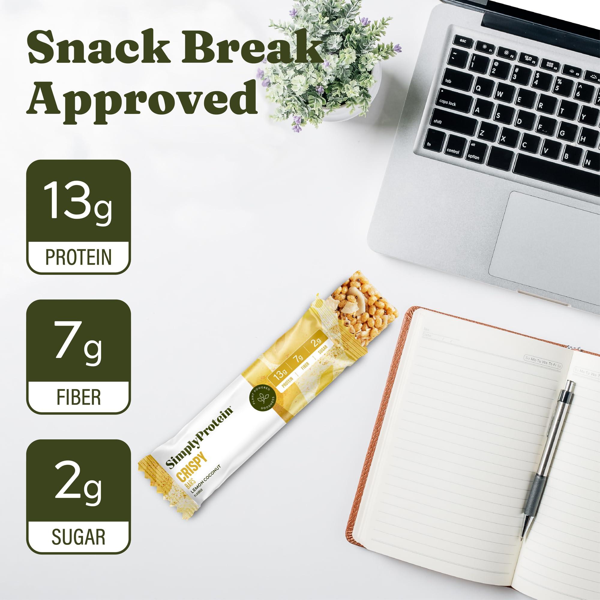 Simply Protein Simply Protein - Lemon Coconut Crispy Bars - Plant Based Protein Bars - Low Carb, Low Sugar, High Fiber - 12g Protein, 2g Sugar, 7g Fiber - Vegan, Gluten Free, Non GMO, Kosher - 24 Bars