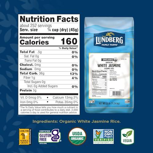Lundberg Lundberg Organic Jasmine Rice, Long Grain White Rice - Non-Sticky, Fluffy Aromatic Rice, Organically Grown in California, Pantry Staples, 25 Lbs