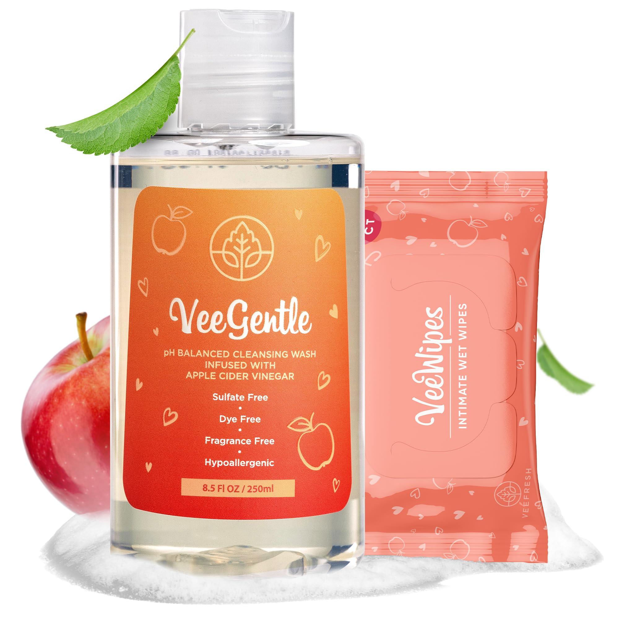 VeeFresh VeeFresh VeeDaily - VeeGentle Intimate Wash & VeeWipes ACV Sensitive Vee Bundle - Apple Cider Vinegar Infused Female Wipes for Women & Natural Feminine Wash for Sensitive Vees!
