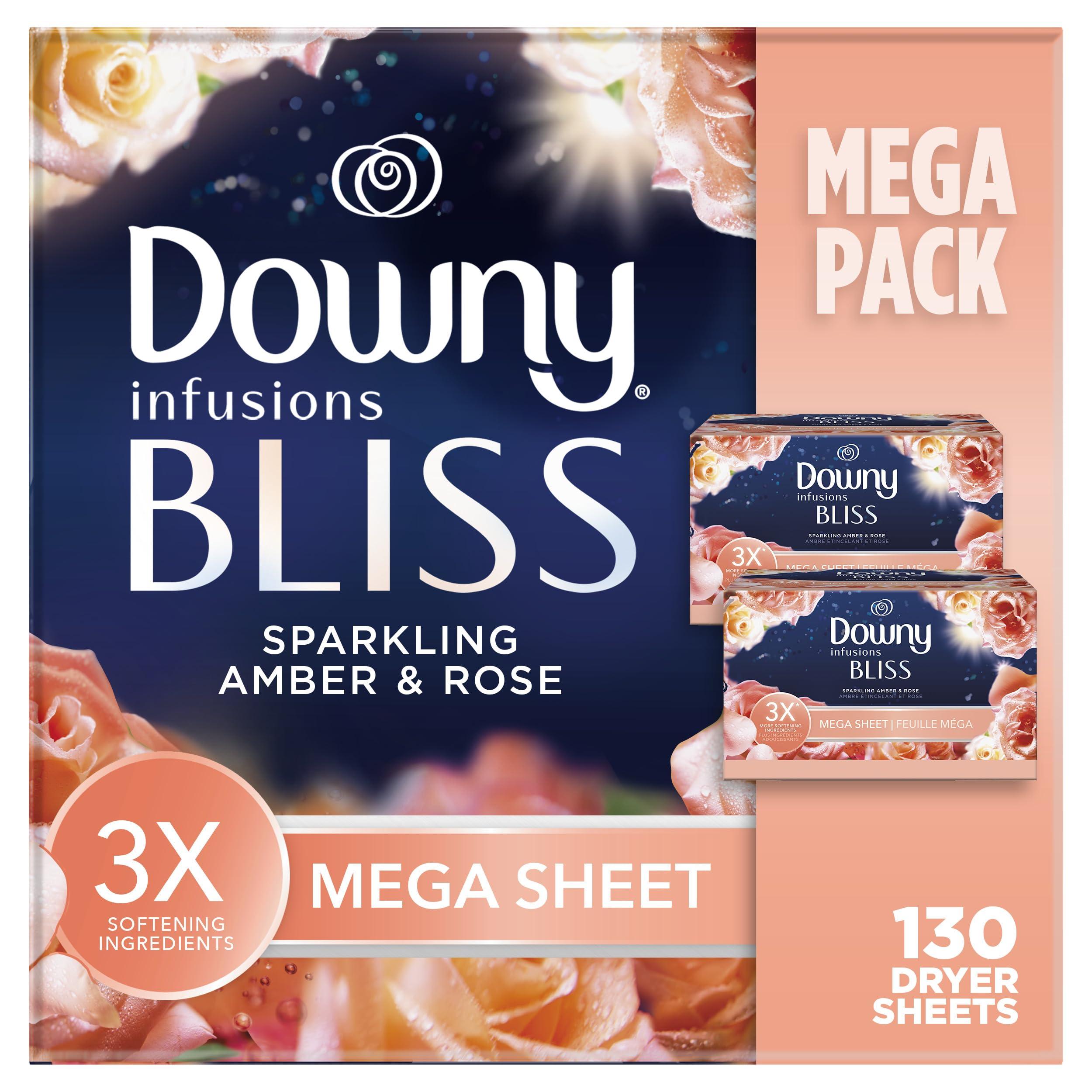 Downy Downy Infusions Mega Dryer Sheets, Laundry Fabric Softener, BLISS, Amber and Rose, 130 Count