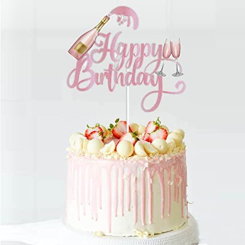 KEWEYA Champagne Happy Birthday Cake Topper Celebrating Cheers to 21 30 40 50 60 Years Theme Birthday Party Decoration Supplies Pink Rose Gold Glitter Beers Wine Glass Cake Decor for Men Women