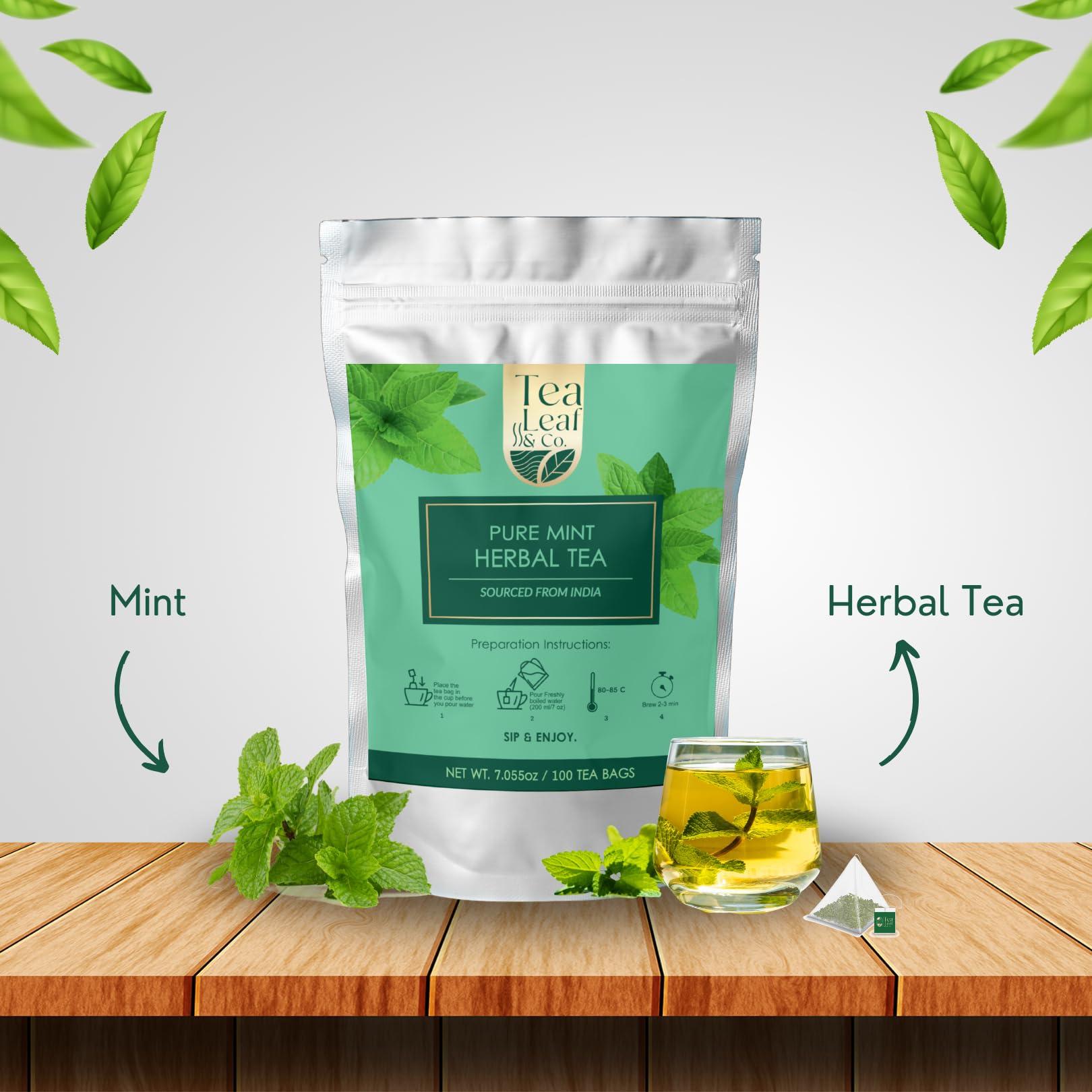 Tea Leaf & Co. Tea Leaf & Co. Pure Mint Herbal Tea Bags, Peppermint & Spearmint, Loose leaf 100 Pyramid Teabags, Blended with Fresh Ingredients, Natural Herbal Tea, Gluten Free