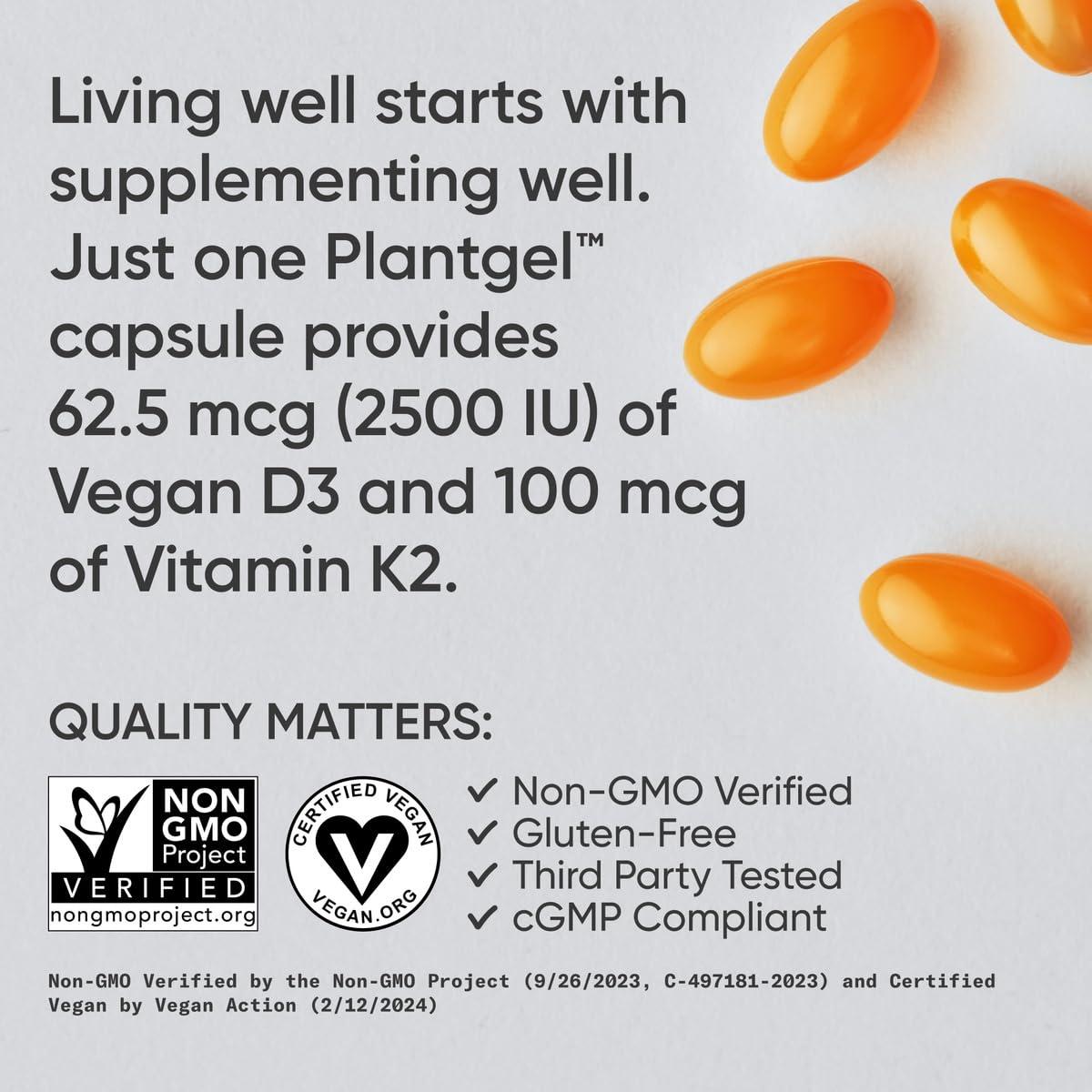 Sports Research Sports Research Vitamin D3 + K2 with Coconut MCT Oil | Vegan D3 2500iu (62.5mcg) & Plant Based Vitamin K2 Supplement | Vegan Certified, Soy & Gluten Free - 60 Softgels