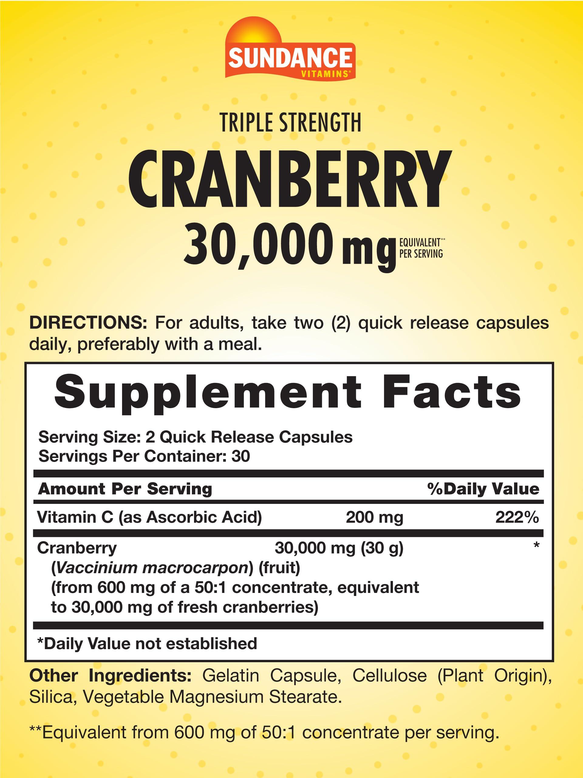 Sundance Sundance Cranberry 30000mg | 60 Capsules | with Vitamin C | Triple Strength | Non-GMO and Gluten Free Supplement