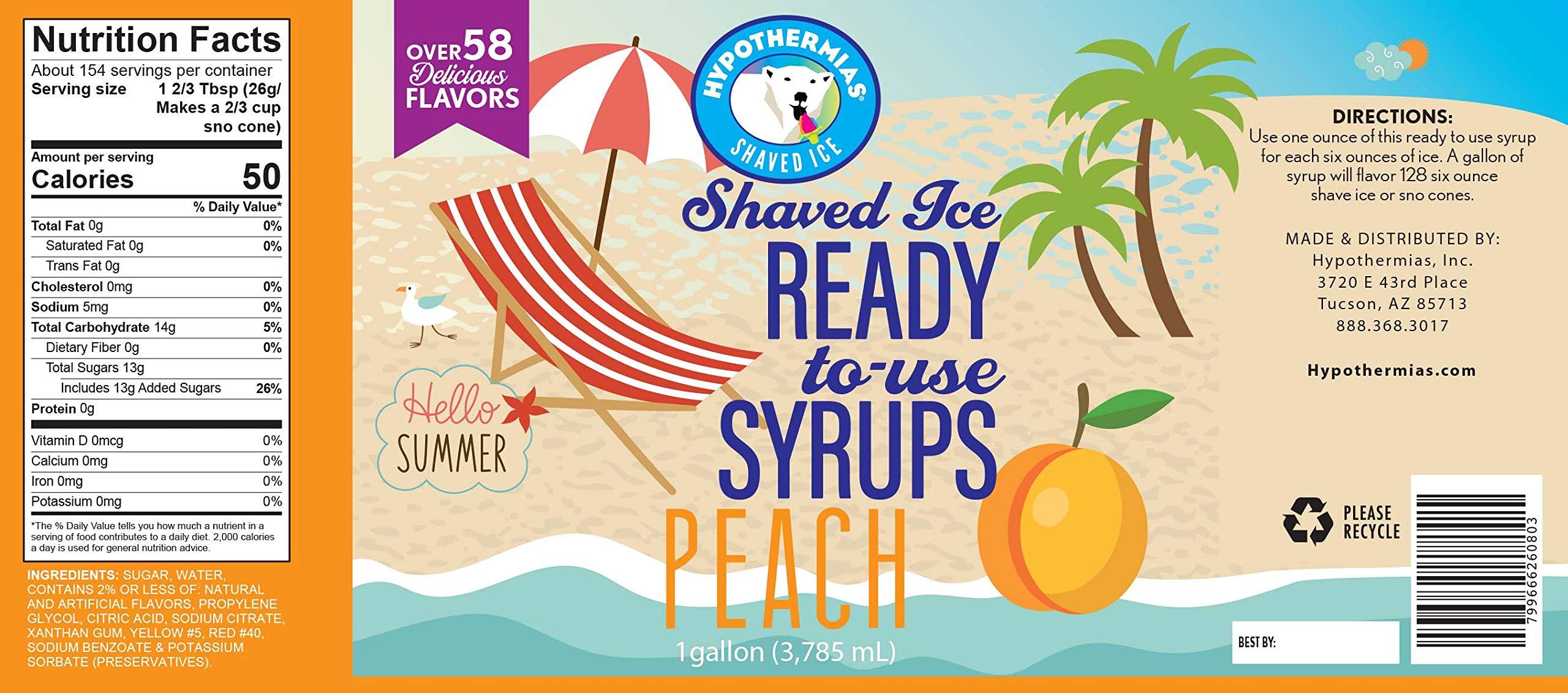 Hypothermias Hypothermias Peach Ready to Use Gallon (128 Fl. Oz) Hawaiian Snow Cone Flavors Syrup - Shaved Ice, 100% Pure Cane Sugar