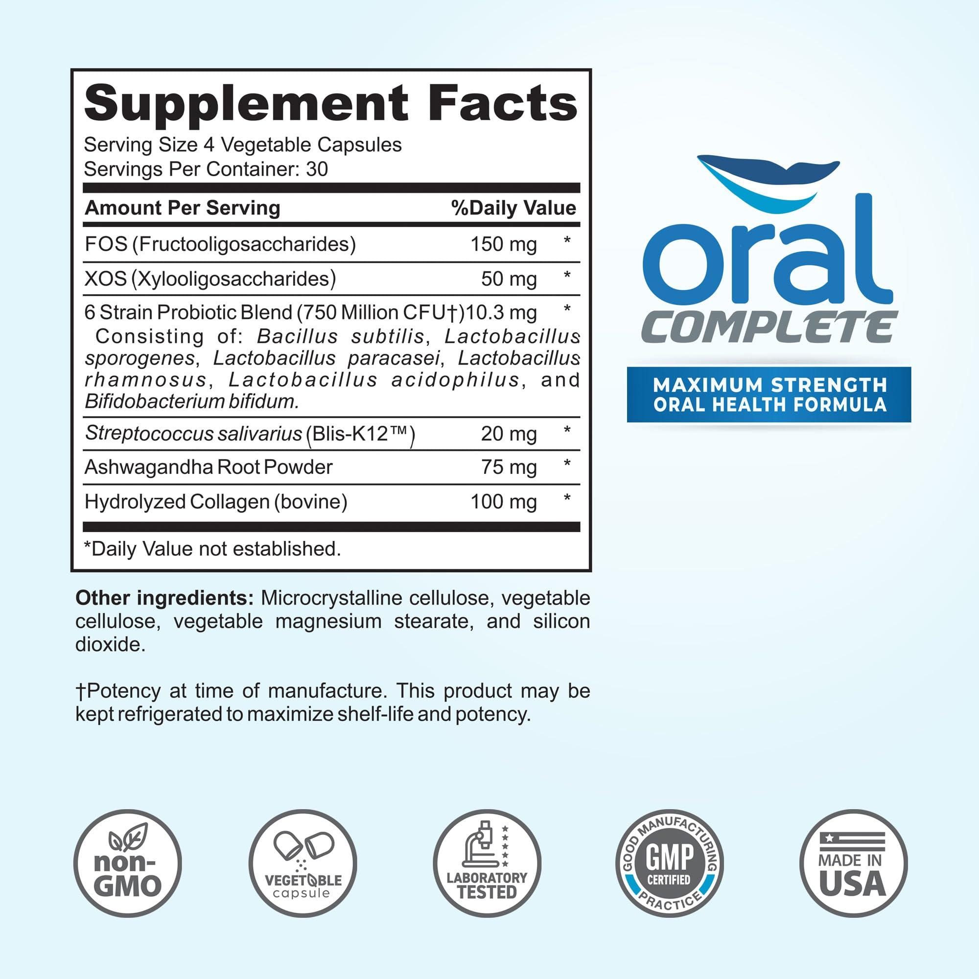 Instant Brands Oral Complete 11-in-1 Dental Probiotics, Bad Breath Treatment Halitosis Tonsil Stone with Non-GMO with BLIS K12, Ashwagandha and Collagen, 120 Capsules