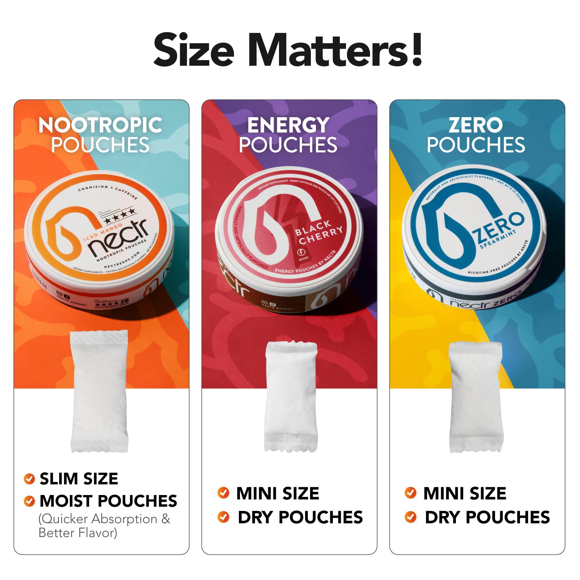 Nectr Nectr Nootropic Energy Pouches, Focus & Energy, Iced Mango, Cognizin 62.5 mg, Caffeine 30 mg, 16 Pouches, Neuro Support, Sugar Free, 5 Pack of Cans