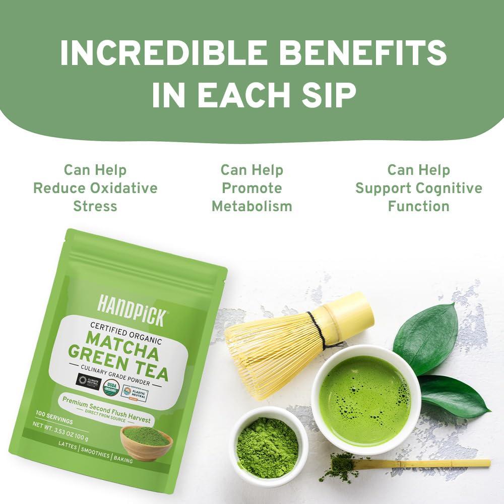 HANDPICK HANDPICK Japanese Organic Matcha Green Tea Powder (100 Servings) - Authentic Premium Second Flush Harvest | Resealable Ziplock Pouch
