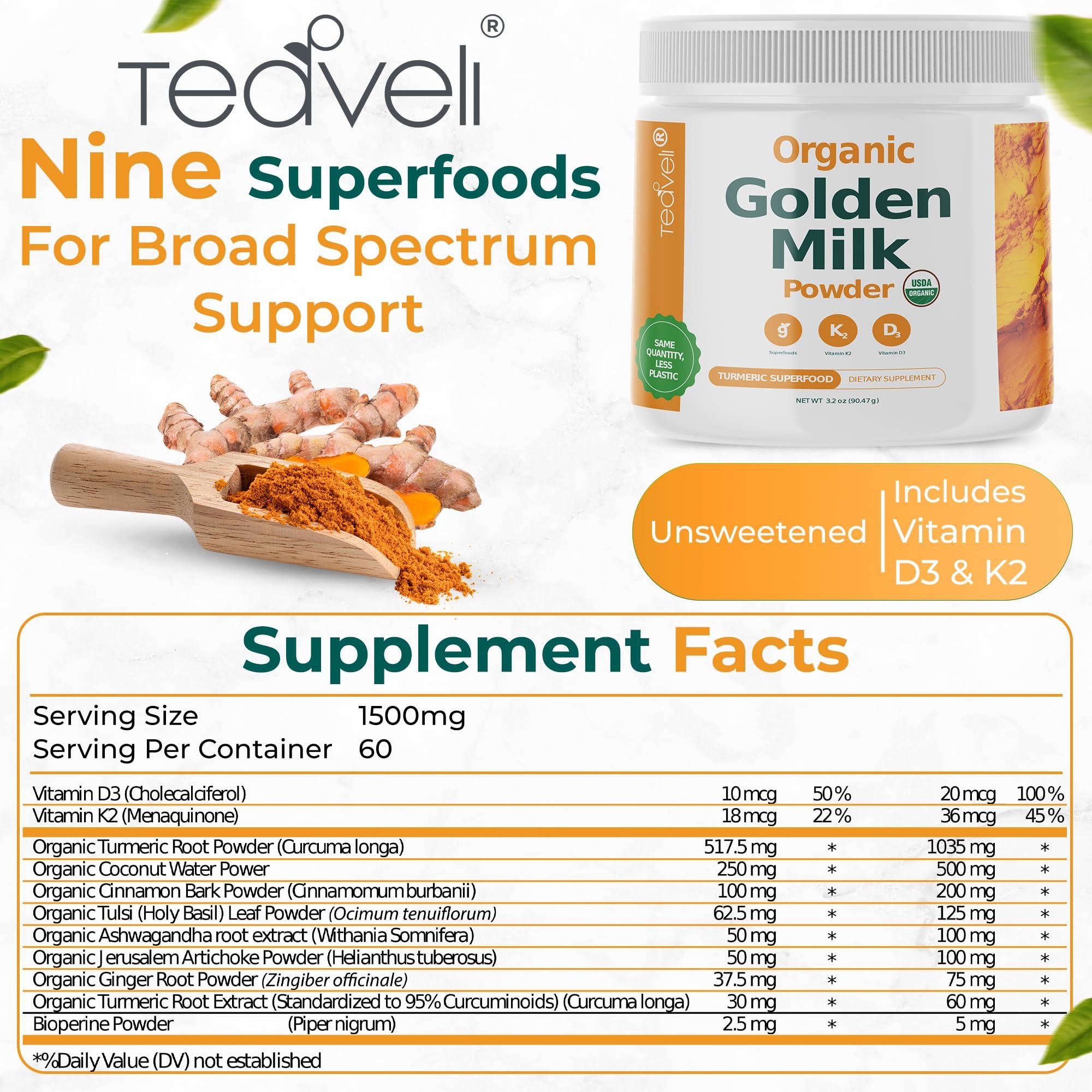 Teaveli Organic Golden Milk Powder with Vitamins D3 & K2, Turmeric, Ginger, Curcumin, Cinnamon, KSM66 Ashwagandha, Holy Basil & Natural Prebiotics Delicious Unsweetened Turmeric Tea Latte- 30 Servings
