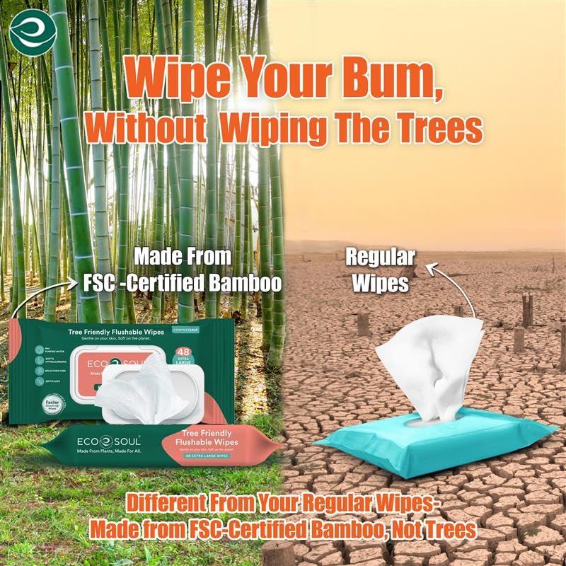 ECO SOUL ECO SOUL Bamboo Flushable Extra-Large Adult Wipes-Unscented 384 Count|8 Pack of 48|Eco-Friendly Bamboo Compostable| 99% Purified Water, Hypoallergenic,Soft Wipes, BPA & Paraben free