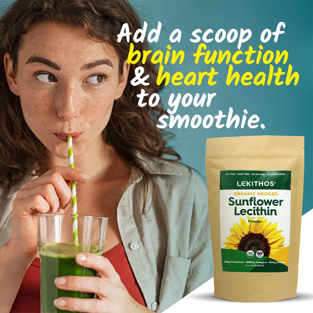 Lekithos Organic Deoiled Sunflower Lecithin Powder - Soy Free- Dairy Free - Gluten Free - No Sugar Added - USDA Organic - Vegan Certified (3lb)