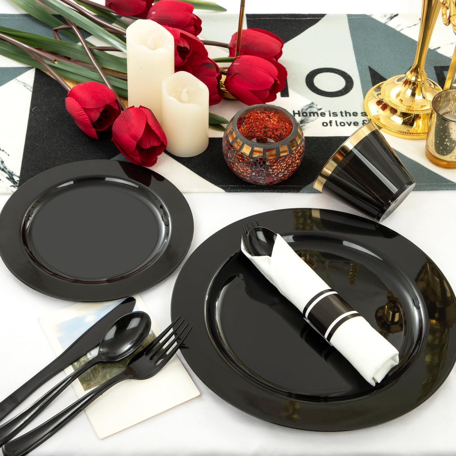 ejonirinjonir EI 350pcs Black Plastic Plates,Black Plastic Dinnerware,Pre Rolled Plastic Silverware Black,Black and Gold Cups, Black Cups and Plates for Party Suit for Halloween, Thanksgiving, Christmas