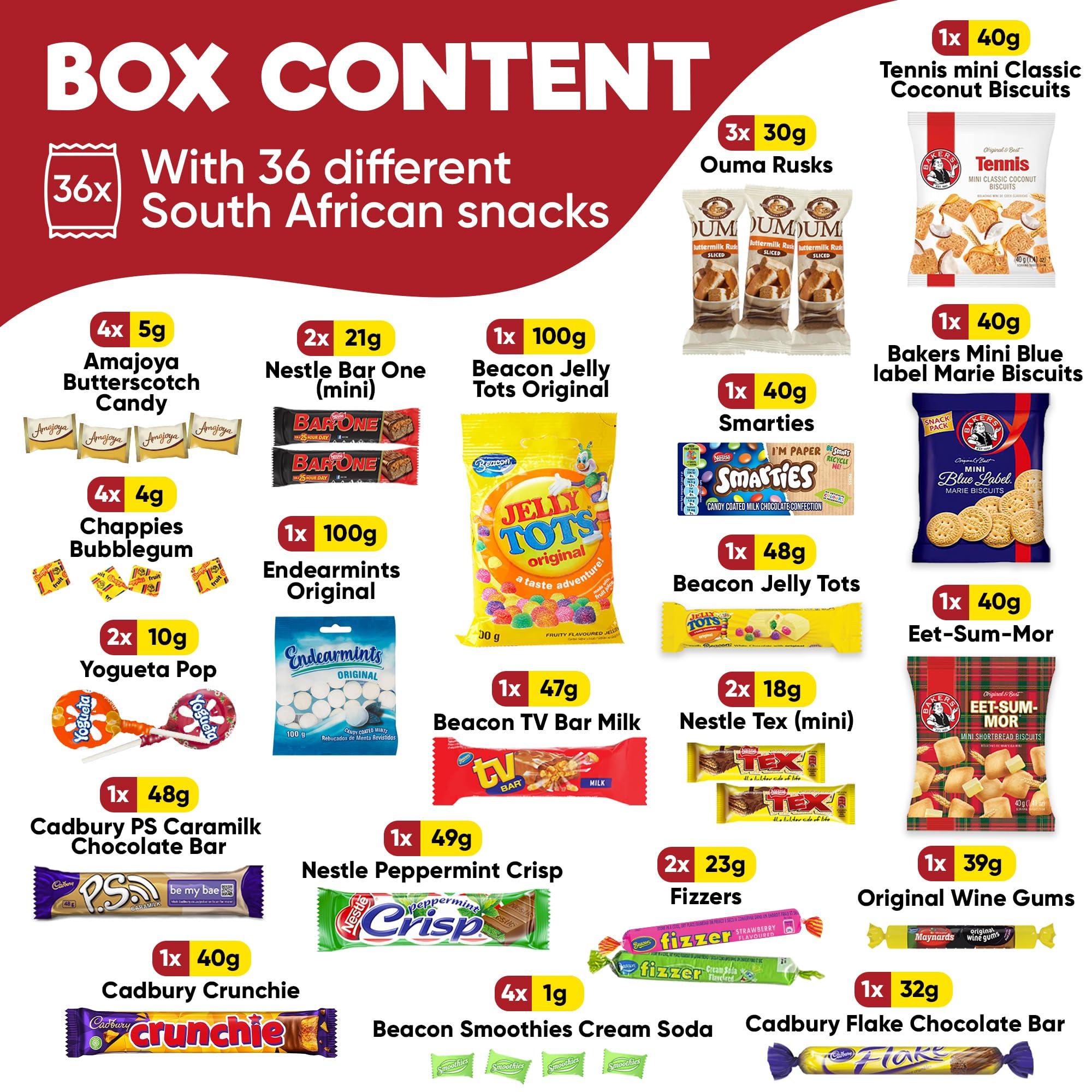 Happy Tucker Treats from Home South African Snacks Food Box | Authentic African Candies, Chocolate Bars, & Treats | Perfect Christmas Gifts Includes Ouma Rusks, Smarties, & More | Best South African Products Care Package for Gifting & Sharing - 36 Units