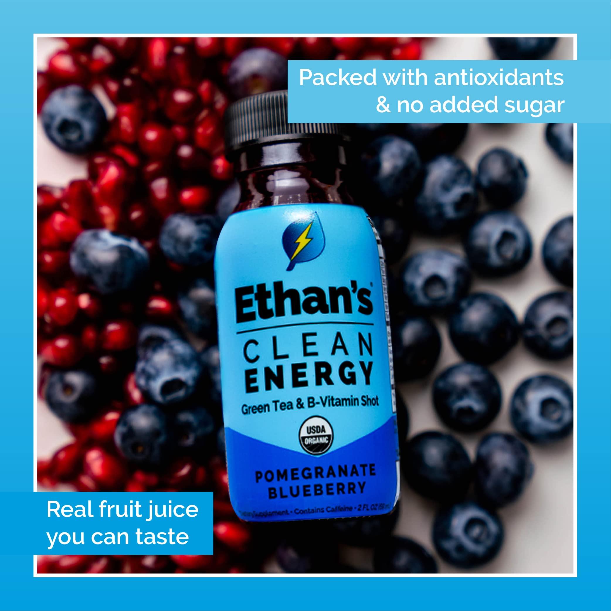 Ethan's Ethan\'s Organic Clean Energy Shots Pomegranate Blueberry, Sugar Free Natural Pre-Workout Focus Boost, Gluten Free, Vegan, B6 & B12 Vitamin C with Green Tea Extract and Guayusa (12 Pack of 2oz Shots)
