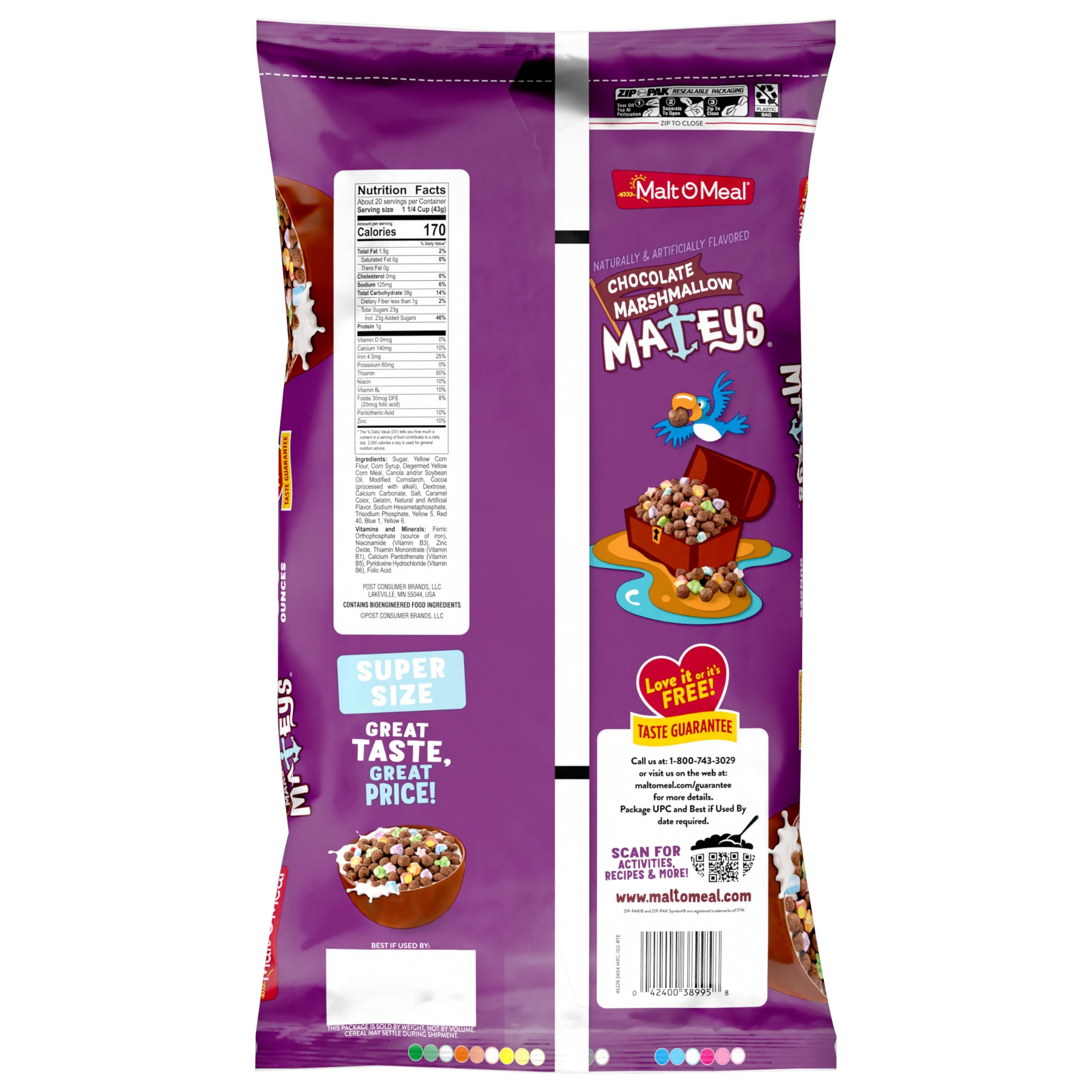 Malt-O-Meal Malt-O-Meal Chocolate Marshmallow Mateys Breakfast Cereal, Crunchy Chocolate Cereal with Marshmallows, Large Cereal for Family, 30 OZ Resealable Cereal Bag