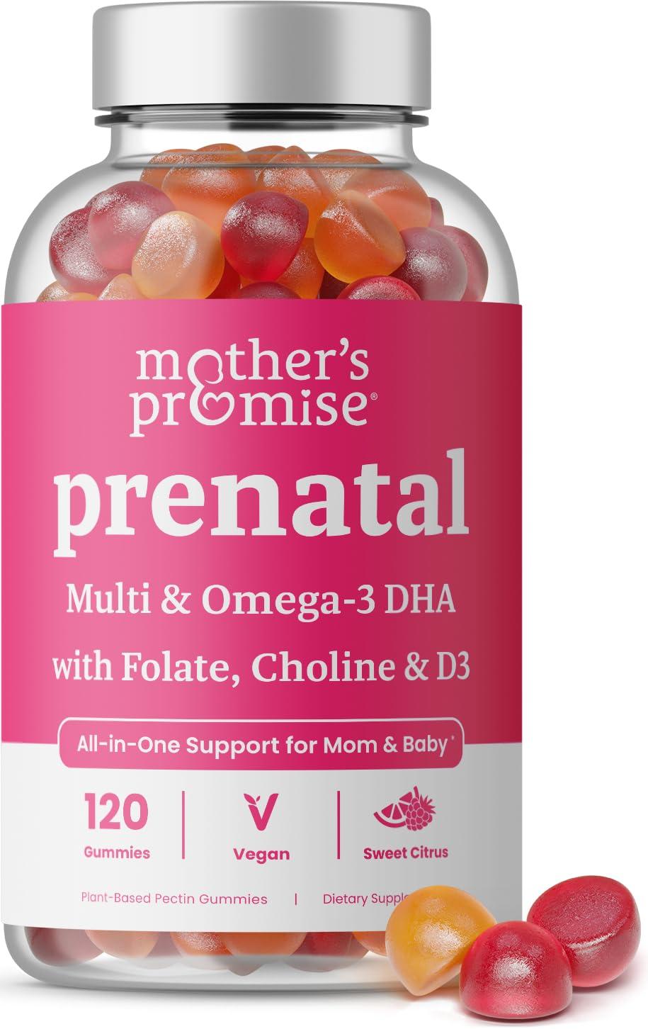 Mother\'s Promise Prenatal Vitamin Gummies with DHA | Vegan Prenatal Vitamins for Women with Omega 3, Methylfolate, Choline & D3, Pregnancy Vitamins for Fetal Development | Gummy Multivitamin Supplement, 120 Count