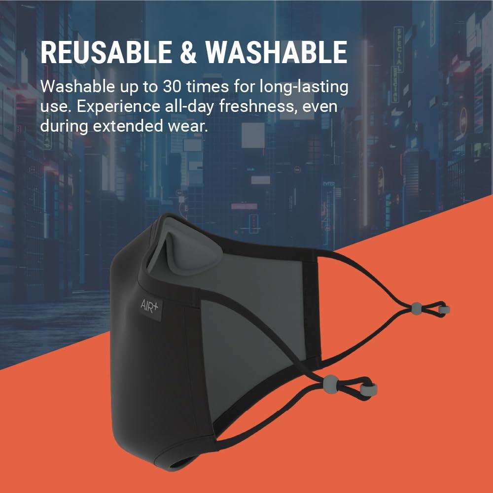 AIR+ AIR+ Reusable Face Mask, Multi-Layer, Washable, Breathable, for Men & Women, Anti-fog for Glasses, Adjustable Ear Loops, Black Large