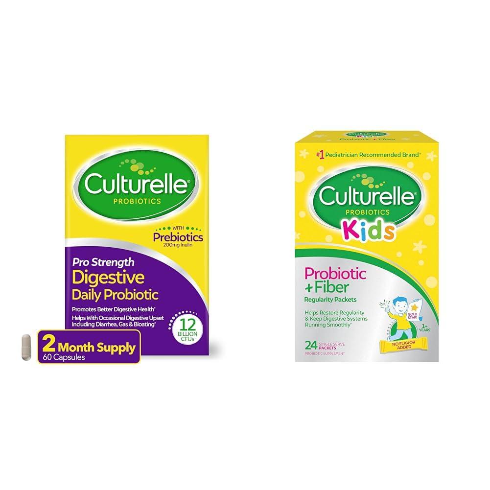 Culturelle Culturelle Pro Strength Daily Probiotic Capsules, 60 Count & Kids Probiotic + Fiber Packets, 24 Count