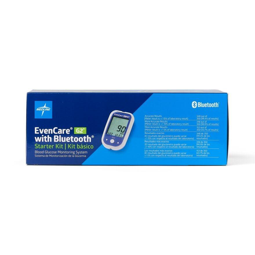 Medline Medline EvenCare G2 Blood Glucose Monitoring Meter with Bluetooth Connectivity Starter Kit with Reusable Lancing Device, 10 Lancets, 10 Test Strips, User\'s Guide, and Carrying Case