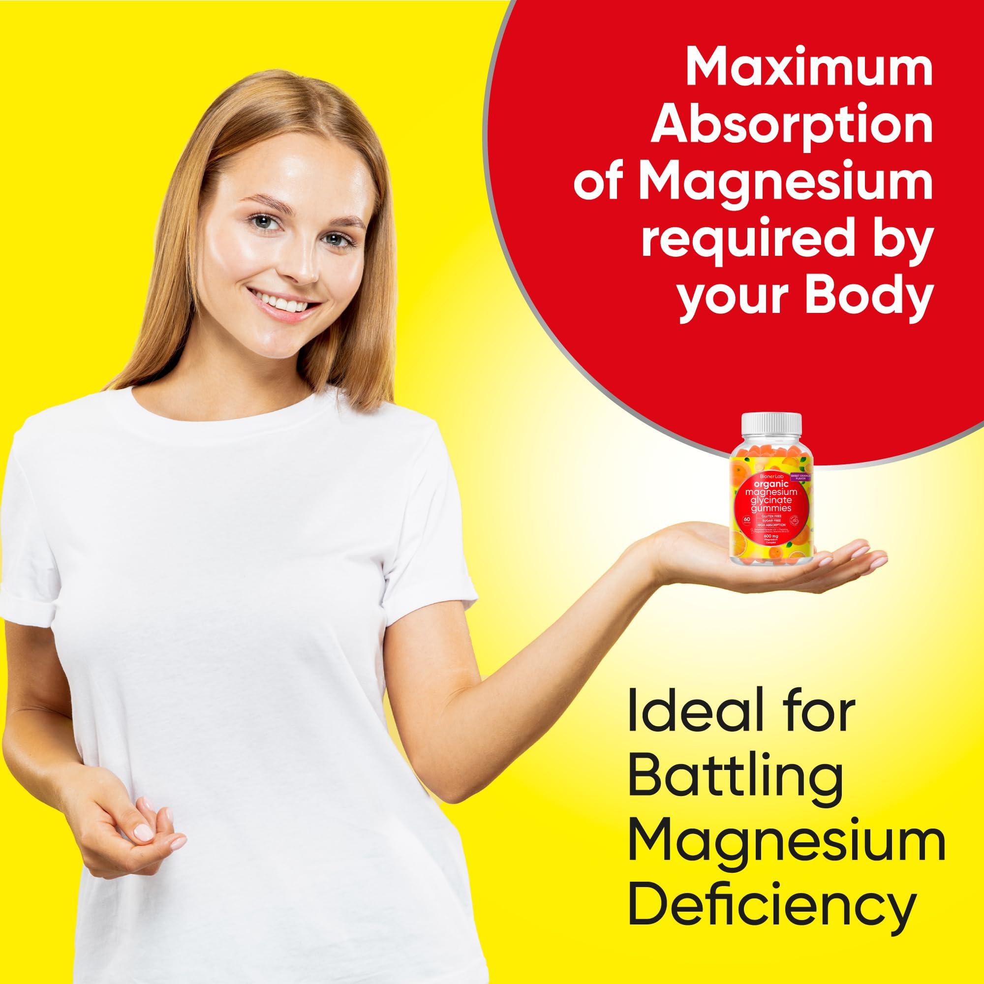 BionerLab BionerLab Magnesium Glycinate Chewable Gummies (600mg) for Kids & Adults Women Men - Vegan Complex with Calcium Potassium Vitamin D B6 L-Theanine - Sugar & Gluten Free - Orange Flavor