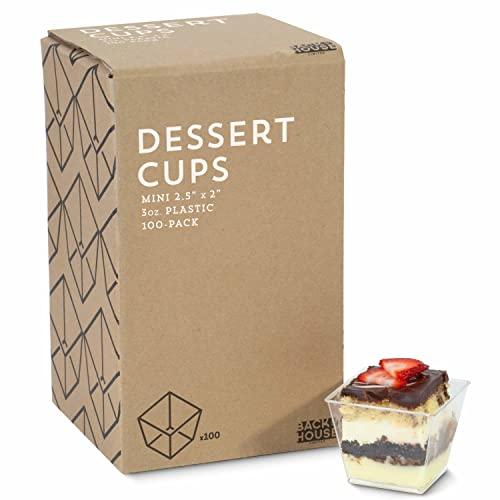 Back of House Ltd. 3oz. Mini Dessert Cups, 100-pack - Clear Plastic Square Cups - Small Disposable Shooters for Tasting Parfait, Fruit, Cake, Ice Cream, Sauces, Jelly Shots & Appetizers, Parties, Catering & Restaurants
