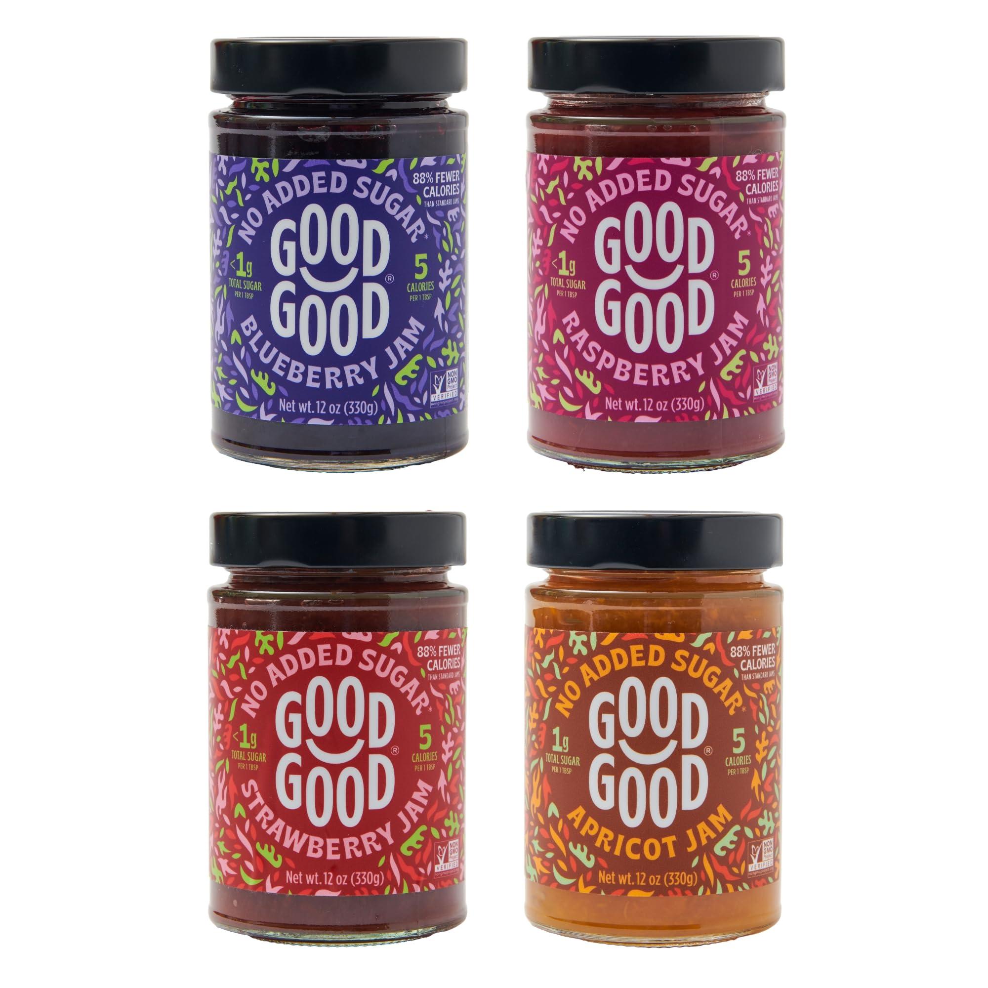 Good Good GOOD GOOD No Added Sugar Fruit Jam Variety Pack of 4 - Keto Friendly Jelly - Blueberry, Raspberry, Strawberry and Apricot Jam - Low Carb, Low-Calorie and Vegan - 12oz / 330g Jars