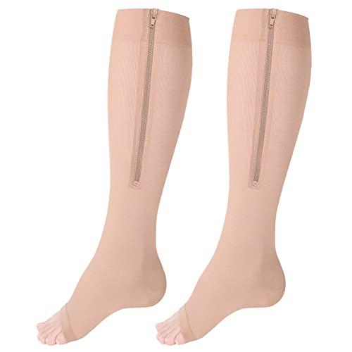 Truform Truform Zipper Compression Stockings, 15-20 mmHg Medical Socks, Women and Men, Knee High, Open Toe, Beige, Medium