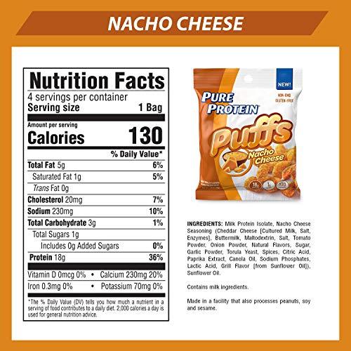 Pure Protein Pure Protein Puffs, High Protein Snack, 18G Protein, Nacho Cheese, 4 Count (Pack of 1)