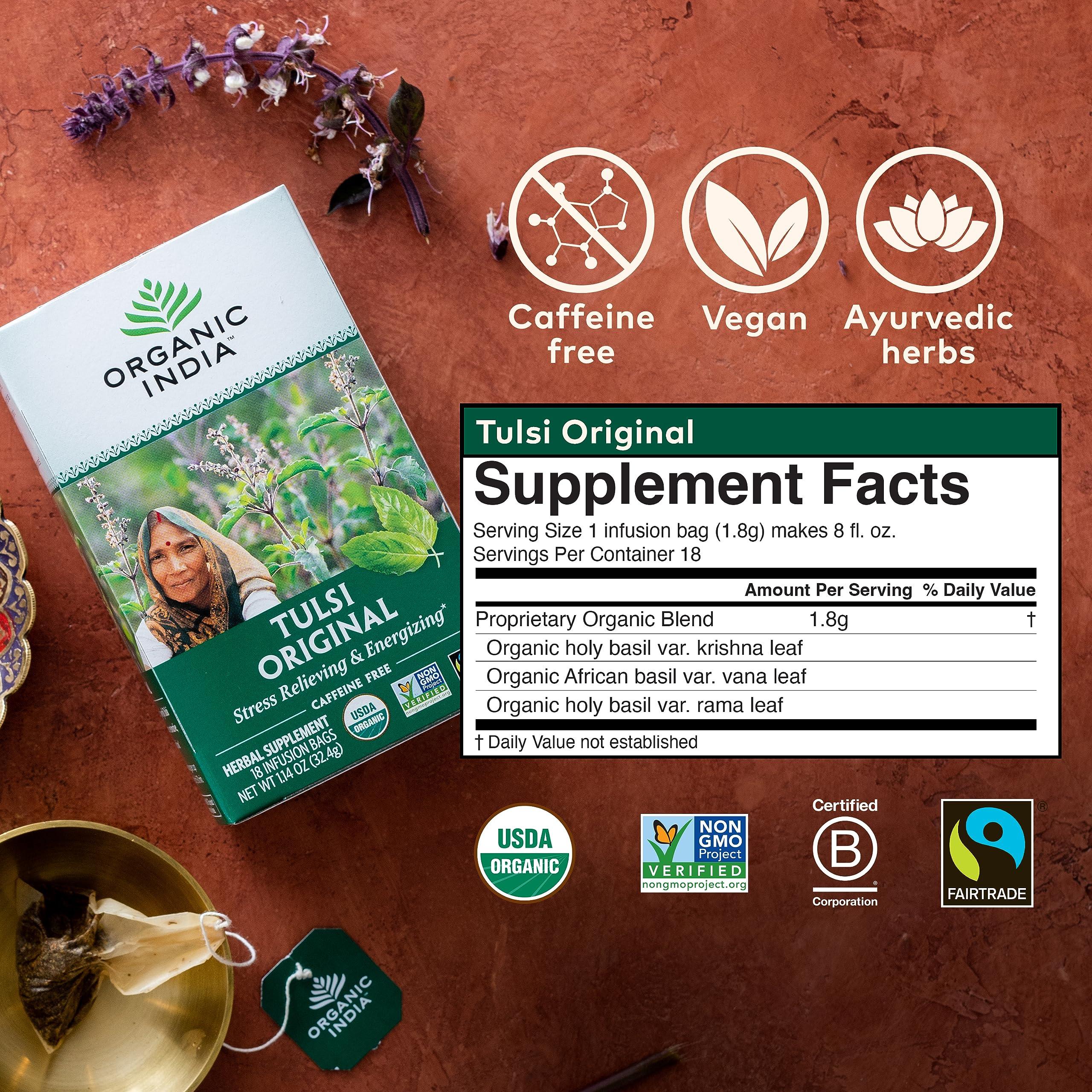 ORGANIC INDIA ORGANIC INDIA Original Tulsi Tea - Herbal Tea, Holy Basil and African Basil Calming and Stress Relief Tea, Immune Support, USDA Certified Organic, Non-GMO, Caffeine-Free - 18 Infusion Bags, 2 Pack