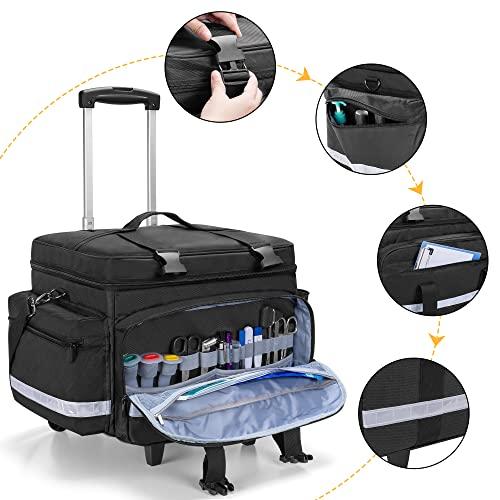 Damero Damero Rolling Medical Bag with Detachable Trolley, Medical Equipment Bag with Removable Pouches and Dividers, First Aid Responder Bag Empty for Home Health Nurses, Doctors, EMT, EMS, Black