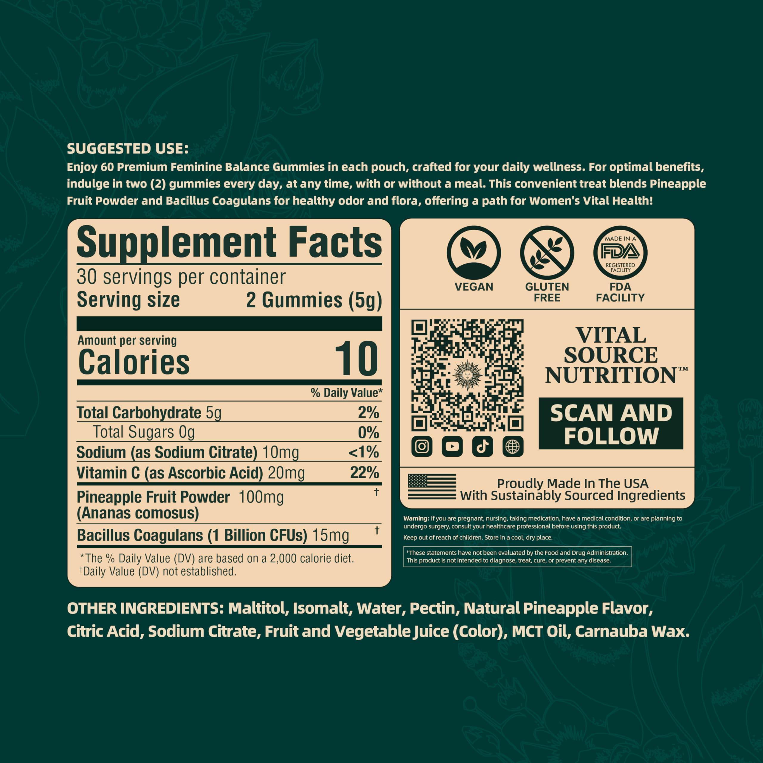 Vital Source Nutrition Vital Source Nutrition - Premium Feminine Balance Gummies - for Womens Health & Wellness - Immune Support - Vegan, Gluten-Free - Hawaiian Pineapple - 60 Gummies - 30 Servings
