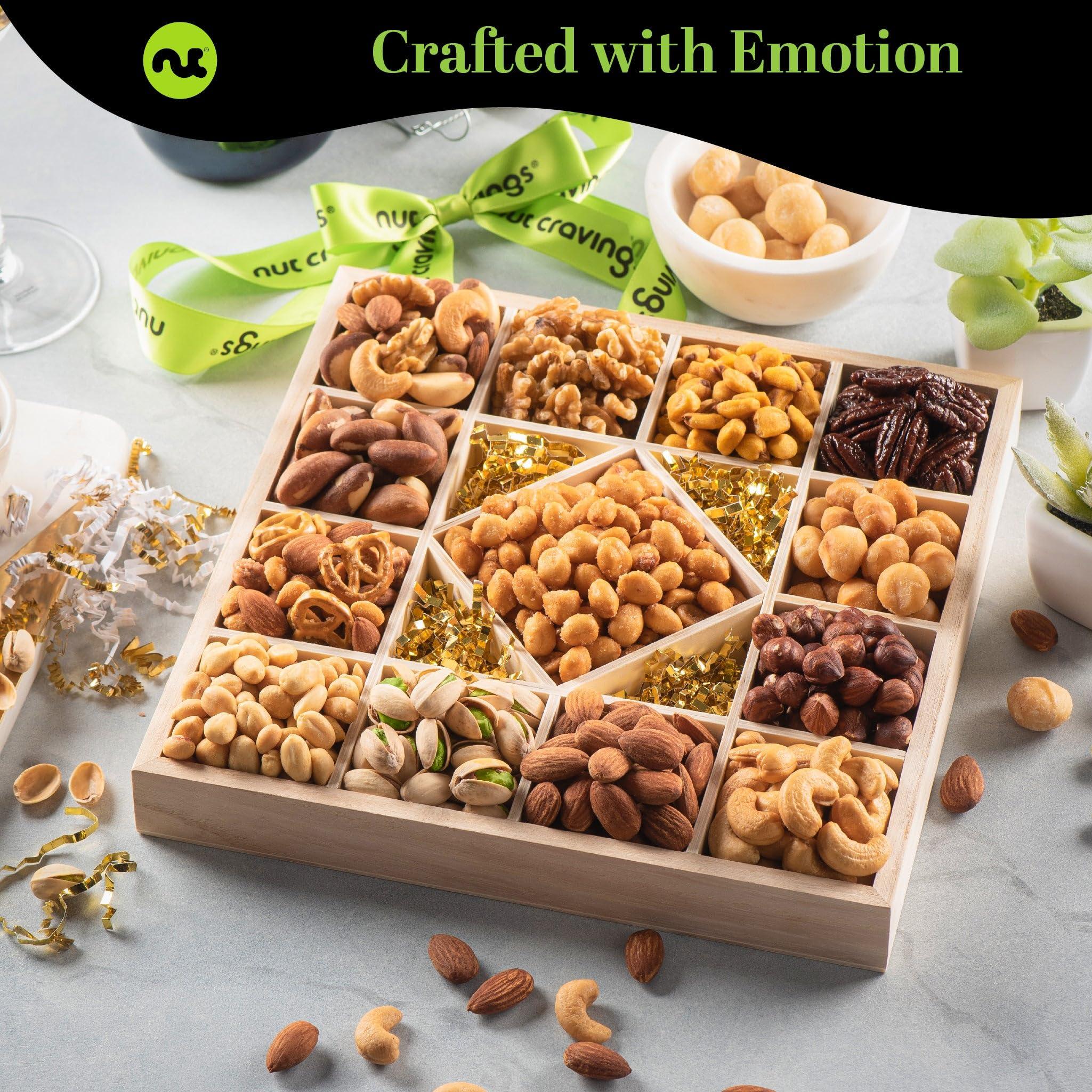 Nut Cravings NUT CRAVINGS Gourmet Collection - Valentines Day Mixed Nuts Gift Basket in Reusable Diamond Wooden Tray + Green Ribbon (13 Assortments) Galentines Arrangement Platter, Healthy Kosher Corporate