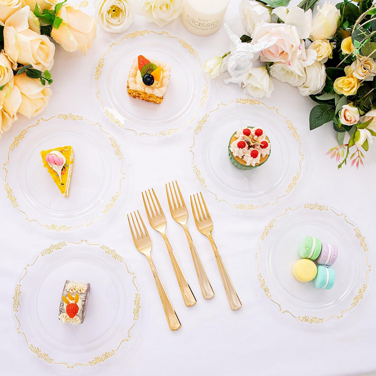 DaYammi DaYammi 60PCS Clear Plastic Plates Heavy Duty Clear Disposable Plates 7.5 Fancy Gold Dessert Plates Small Cake Plates Appetizer Plates Hard Round Plastic Plates Disposable for Wedding and Party