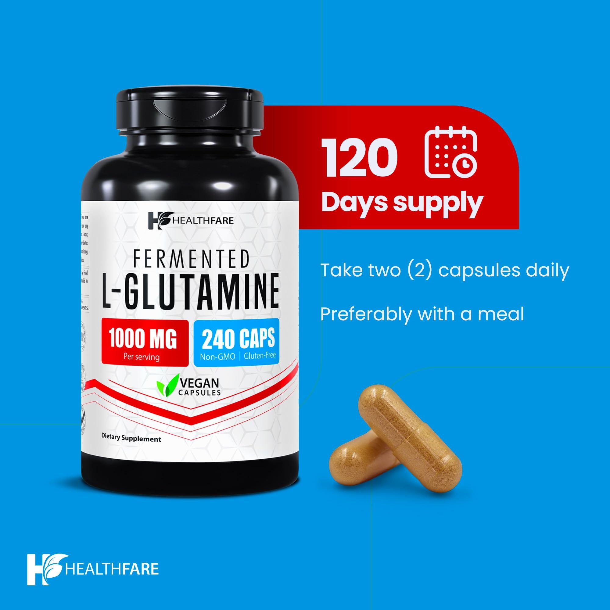 Healthfare HealthFare L-Glutamine 1000mg Capsules | 240 Capsules | Amino Acid Fuel for Gut & Muscle Health | Non-GMO | Gluten-Free | Support for Recovery & Wellness | Made in The USA