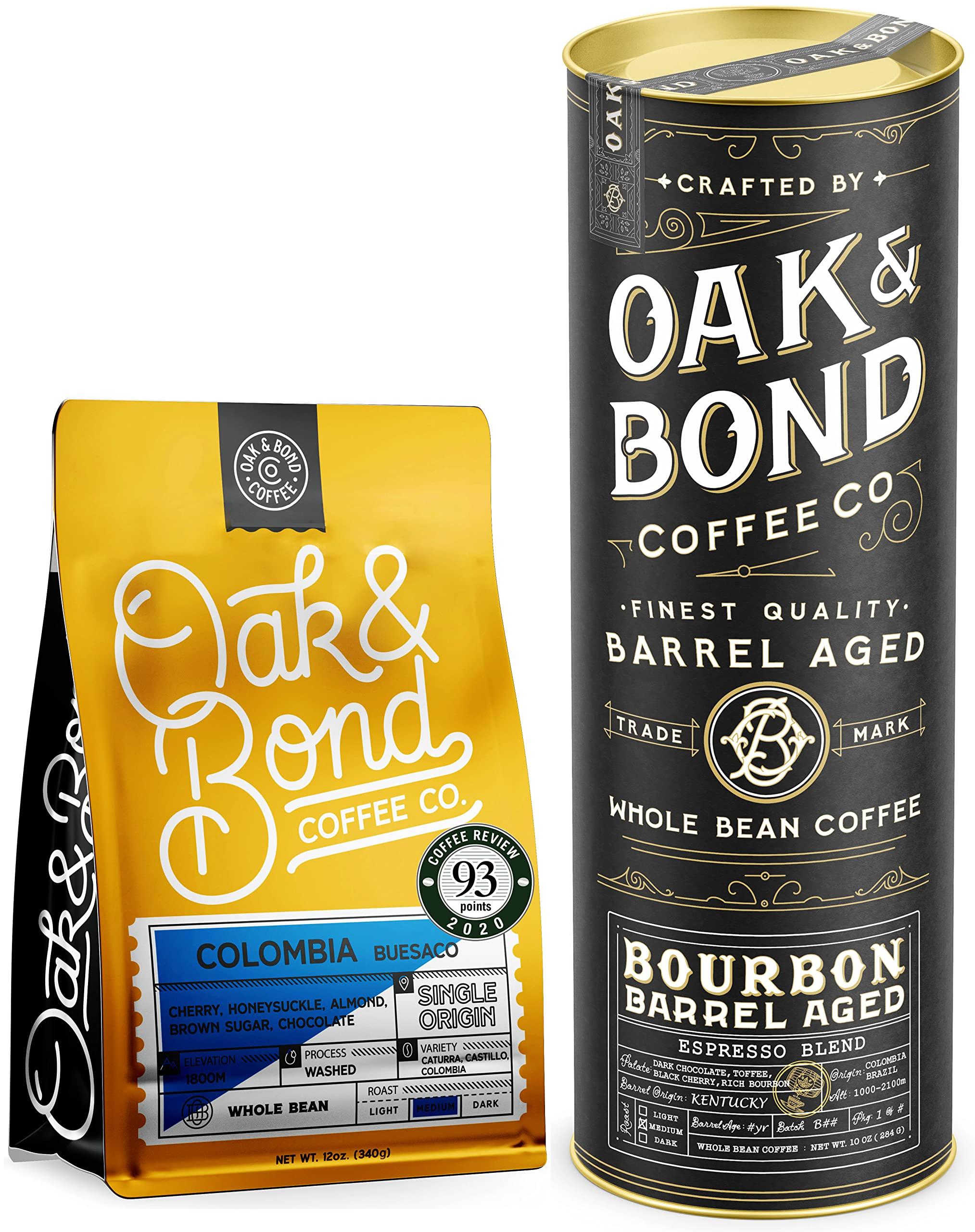 OAK & BOND Oak & Bond Coffee Co. Colombia Single Origin and Espresso Bourbon Barrel Aged Coffee Bundle, Whole Bean Arabica - 22oz. Total