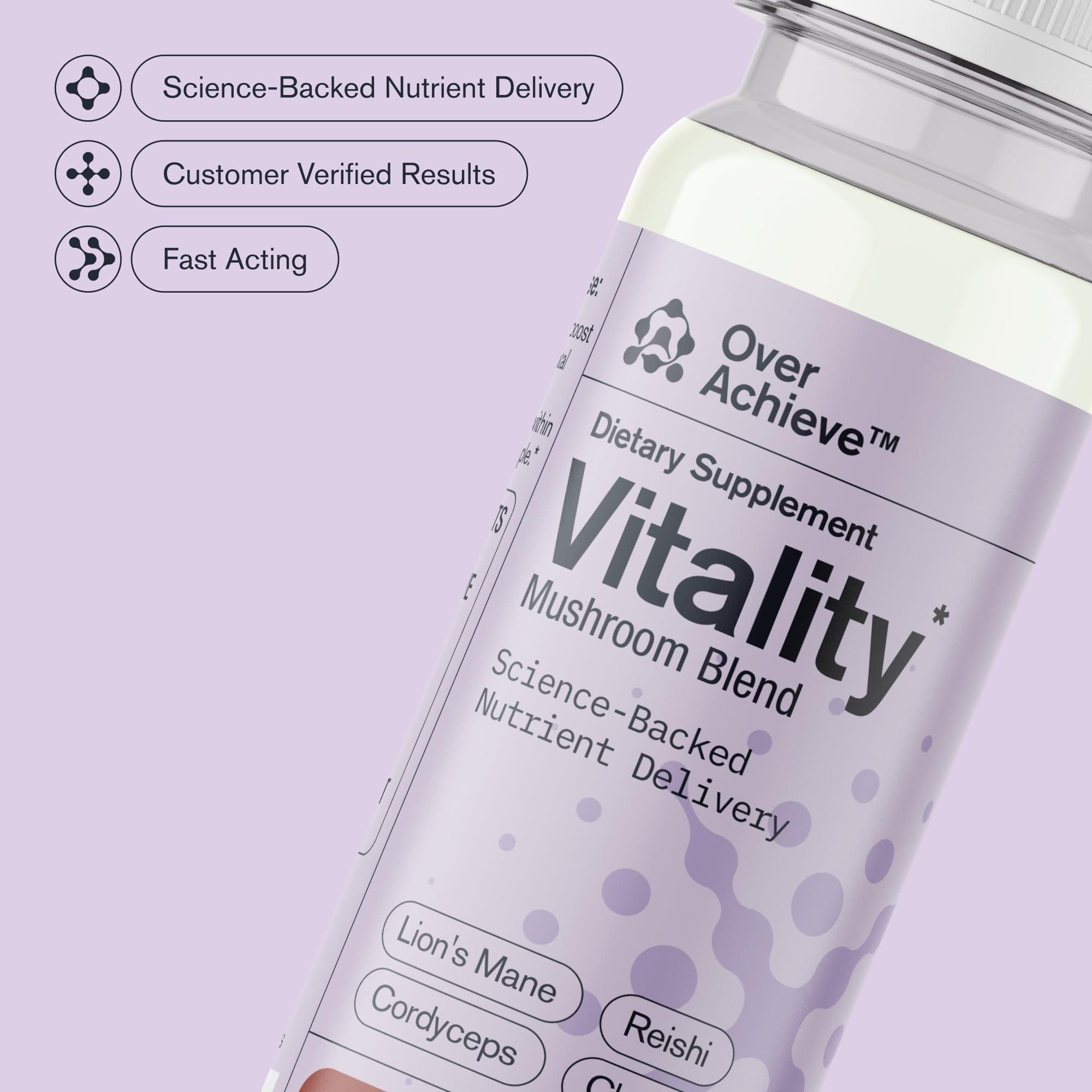 OVERACHIEVE OVERACHIEVE Mushroom Supplement Drink, Fast-Acting Vitality Blend, Cordyceps, Reishi, Chaga, Lions Mane,Ashwaganda, for Adults, Chai Spice Flavor 2 fl oz (3 Pack)