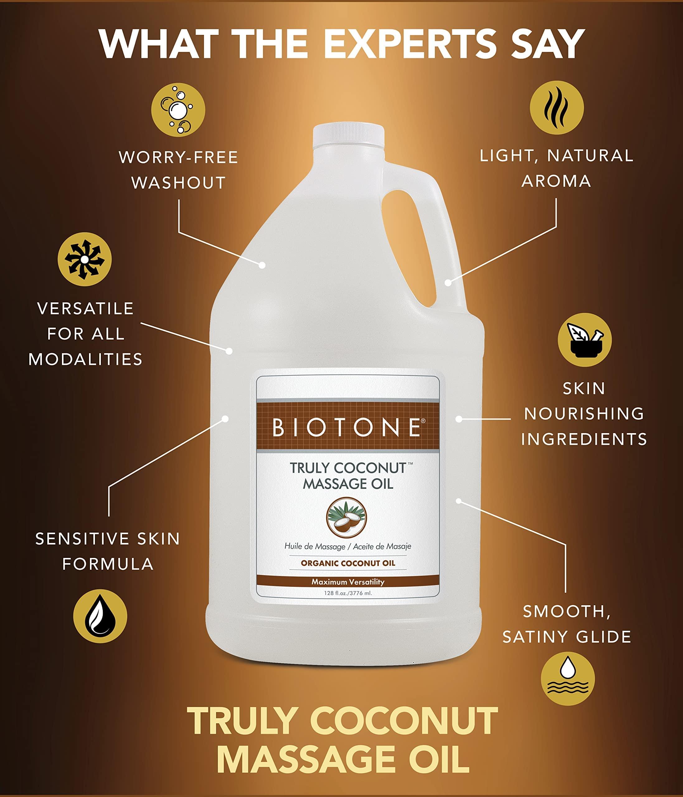 Biotone BIOTONE Truly Coconut Massage Oil with Organic Coconut Oil, Melts Away Tension and Promotes Deep Relaxation, Light, Versatile, Long-Lasting, Easy Wash-Out, Can Also Use as a Bodycare Oil