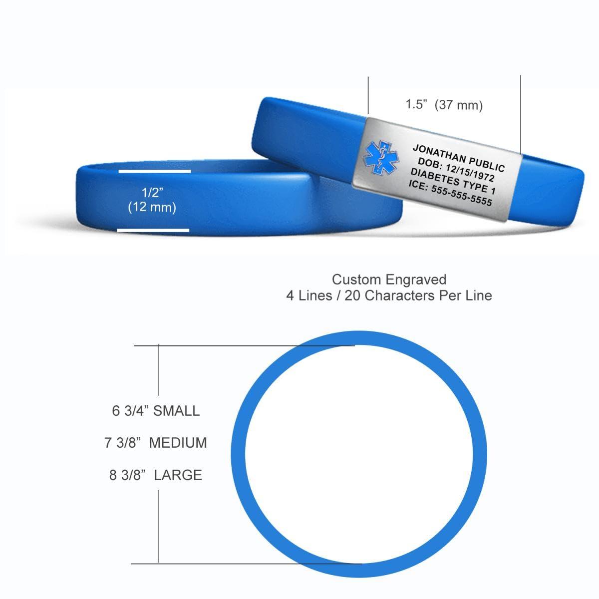Universal Medical Data MedicBand Medical ID Bracelets for Men and Women. Incl. 4 Lines Custom Engraving, Emergency Medical Information Card, Complimentary Access PHR (Personal Health Record) - Royal Blue