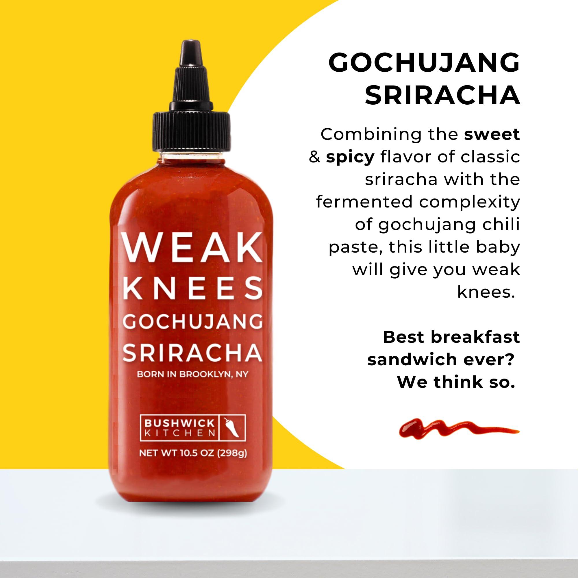 Bushwick Kitchen Weak Knees Gochujang Sriracha Hot Sauce, Sriracha Sauce 10.5oz Easy Squeeze Bottle, Korean Gochujang Paste Infused Sriracha Chili Sauce, Vegan Hot Sauce, Unique Gifts for Men, Food Gifts