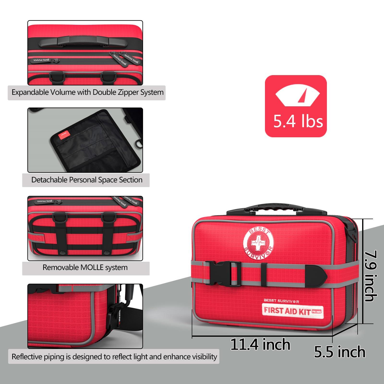 Besst Survivor Upgrade Comprehensive Premium First Aid Kit, Labeled Compartments Trauma Kits with Shoulder Strap, Large Emergencies Medical Kits for Home, Truck, Camping, Sports, Outdoor Emergencies -265 Piece Set