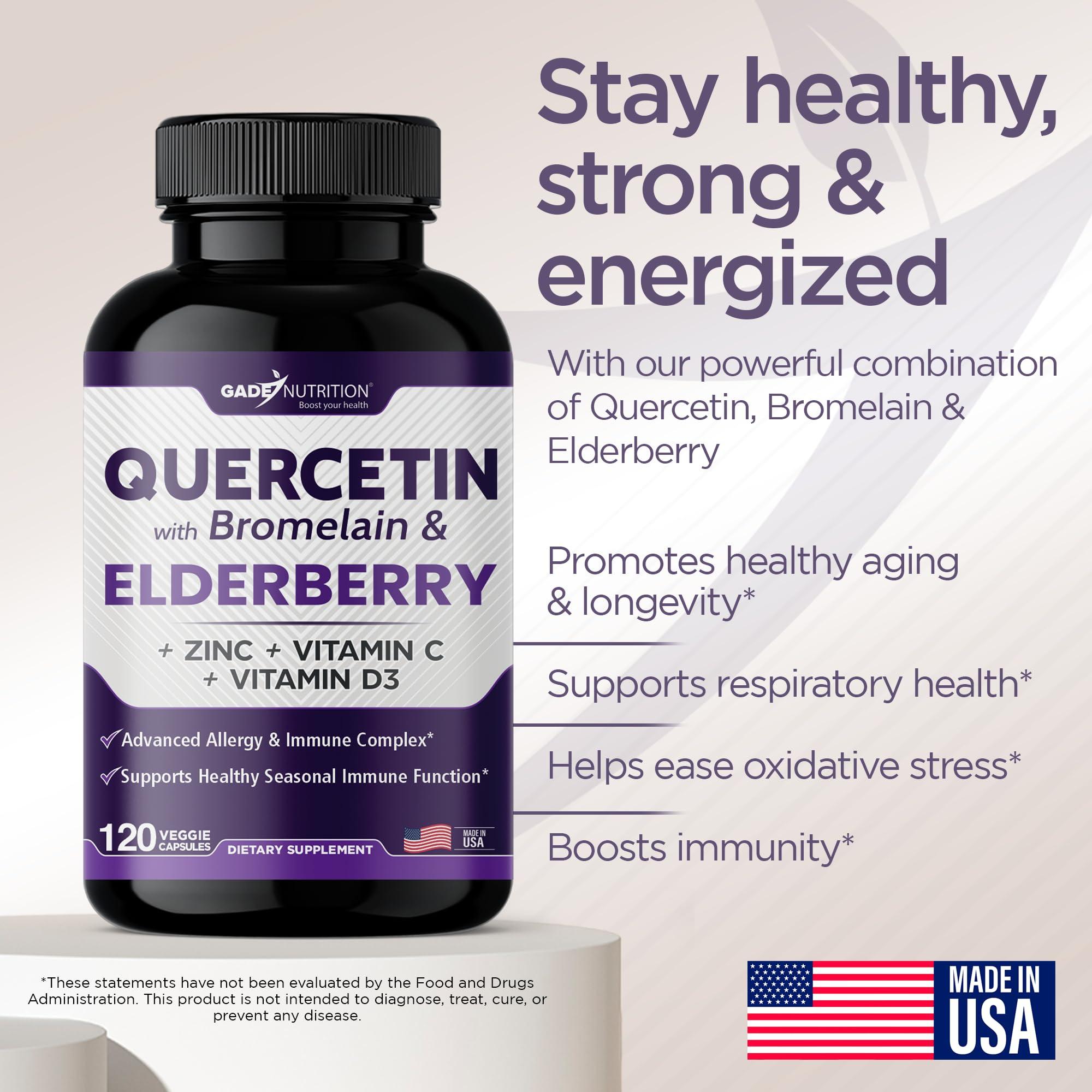 GADE NUTRITION BOOST YOUR HEALTH Gade Nutrition Quercetin with Bromelain & Elderberry | Quercetin with Vitamin C and Zinc | Zinc Quercetin 500mg with Vitamin D3 | Daily Immune Support Supplement - 6 Months Supply