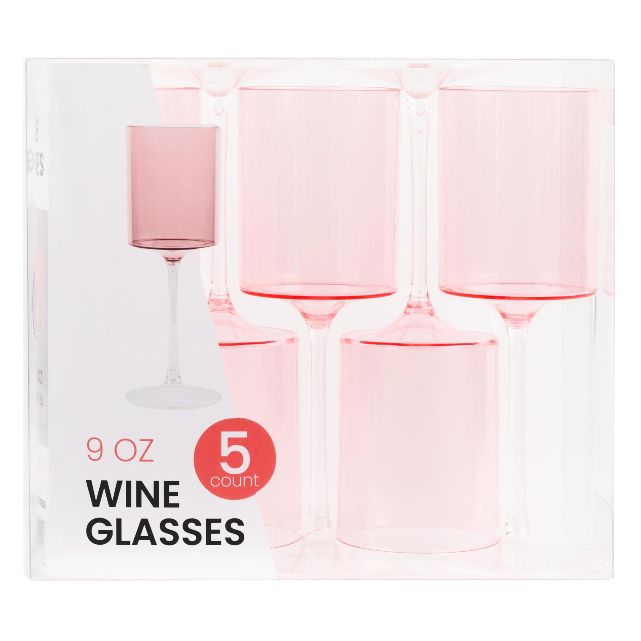 PLASTICPRO PLASTICPRO 10 Pack Plastic Wine Goblets 9 oz Two Tone Elegant Disposable Wine Glasses with Stem Reusable Hard Plastic Drinking Glasses for Parties Weddings, Pink and Clear