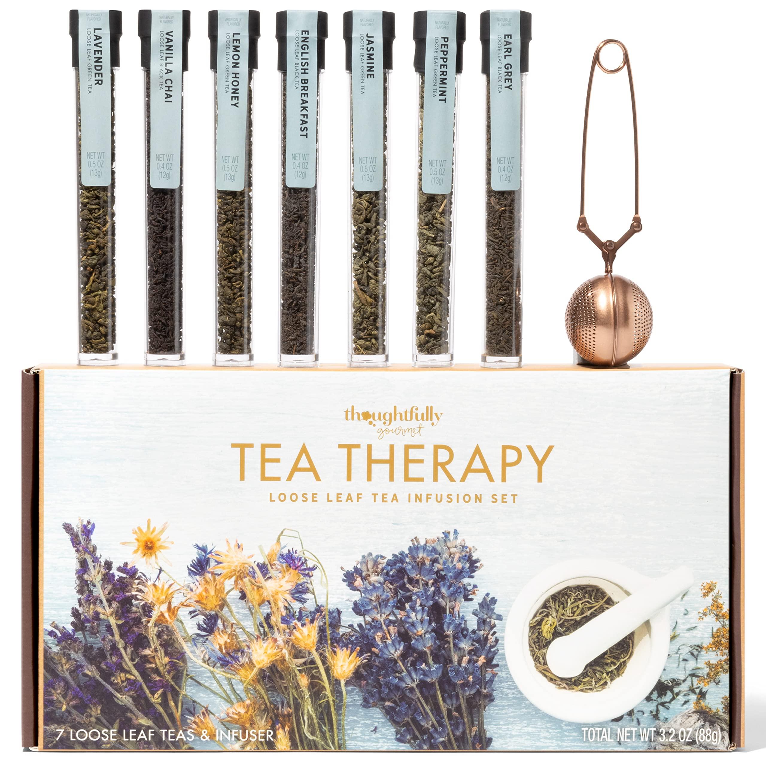 Thoughtfully Thoughtfully Gourmet, Tea Therapy Infusion Gift Set, 7 Unique Flavors and Reusable Copper Ball Infuser, Loose Leaf Tea Set Flavors Include Peppermint, Jasmine, Vanilla Chai and More, Set of 7